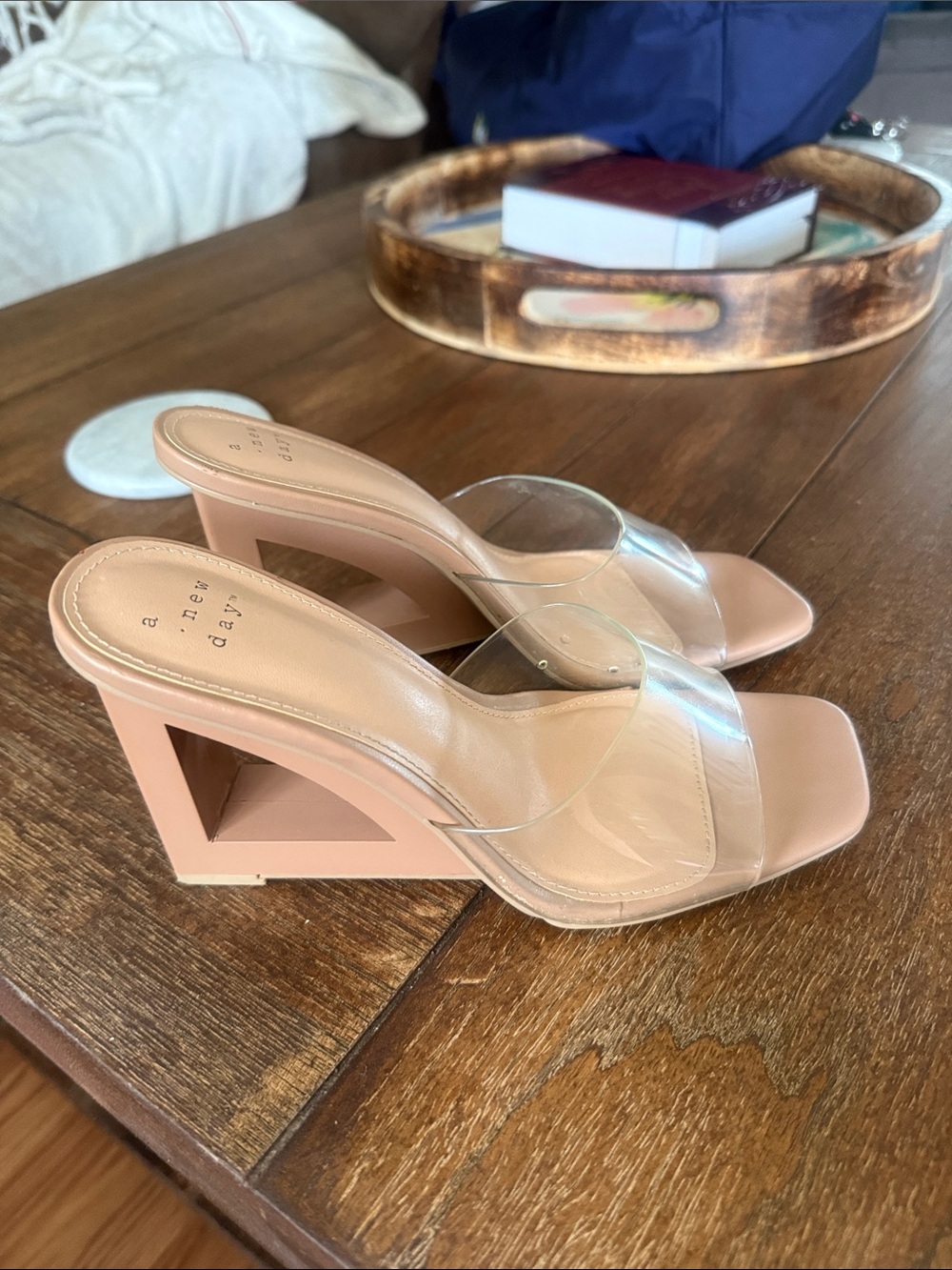 Clear Strap Nude Wedge Heels - Women's Fashion Mules - Picture 2 of 7